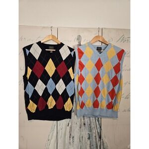 Mercer Street Studio Sweater Vest Lot of 2 Large Argyle Cotton V-Neck‎ Preppy